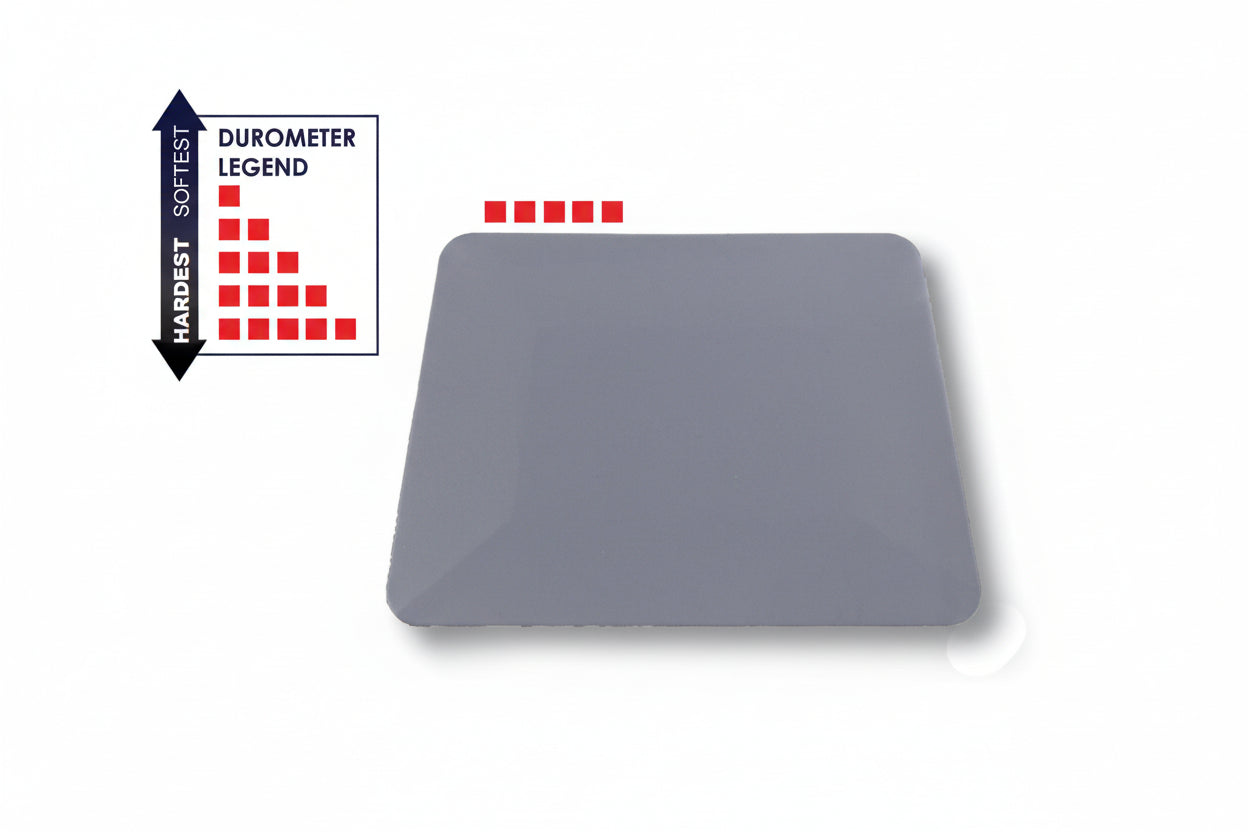 Grey hard card squeegee for window tinting shrinking with a durometer legend