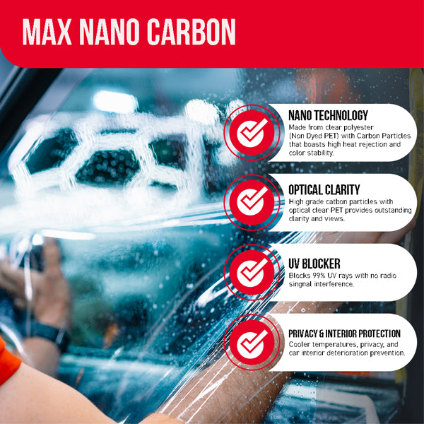 MAX NANO Carbon 2PLY Window Tint Film | 2 mil | 35-75% IR Rejection (Wide Spectrum)