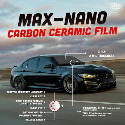 MAX NANO Carbon 2PLY Window Tint Film | 2 mil | 35-75% IR Rejection (Wide Spectrum)
