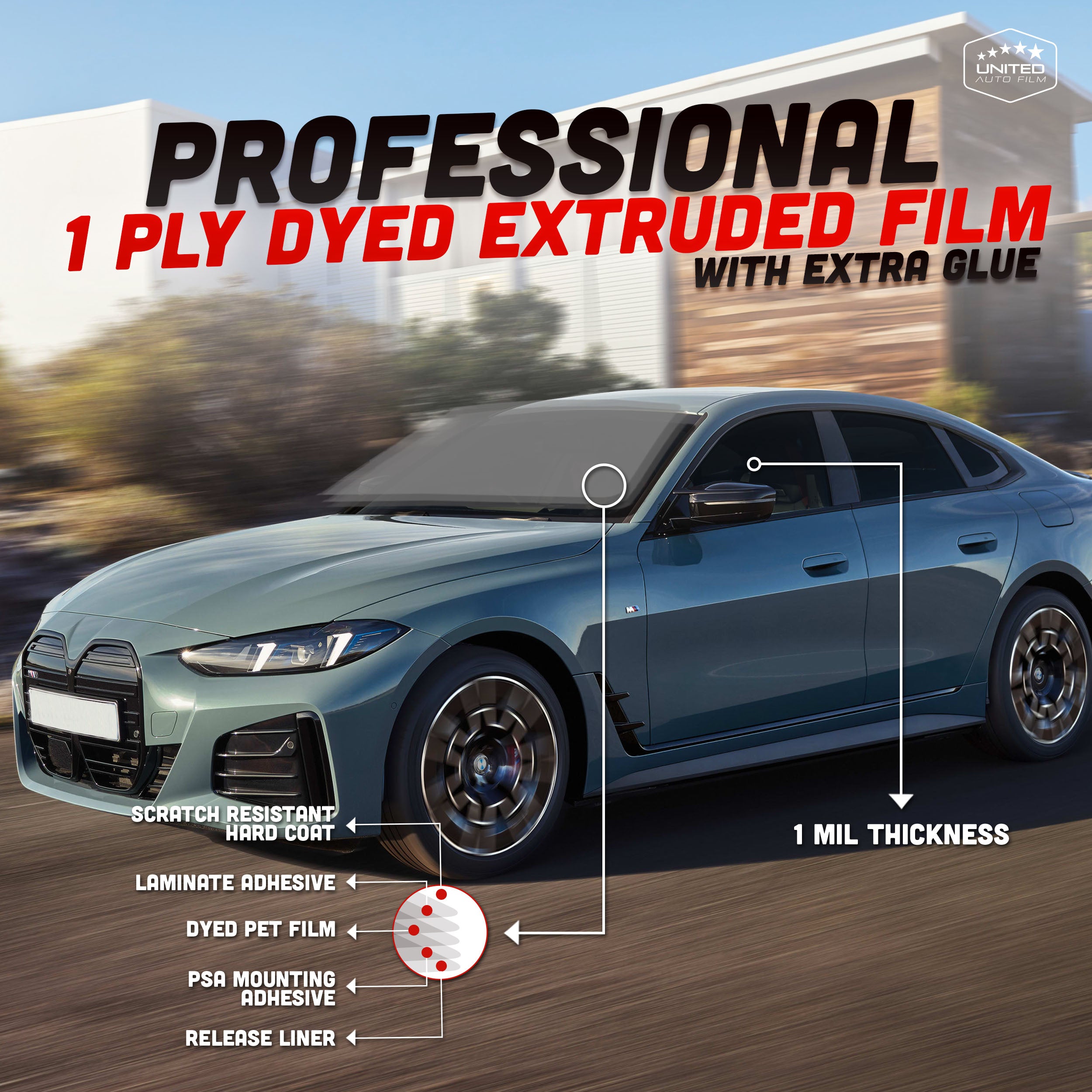 PROFESSIONAL 1-Ply Dyed Window Tint - Extra Glue | United Auto Film