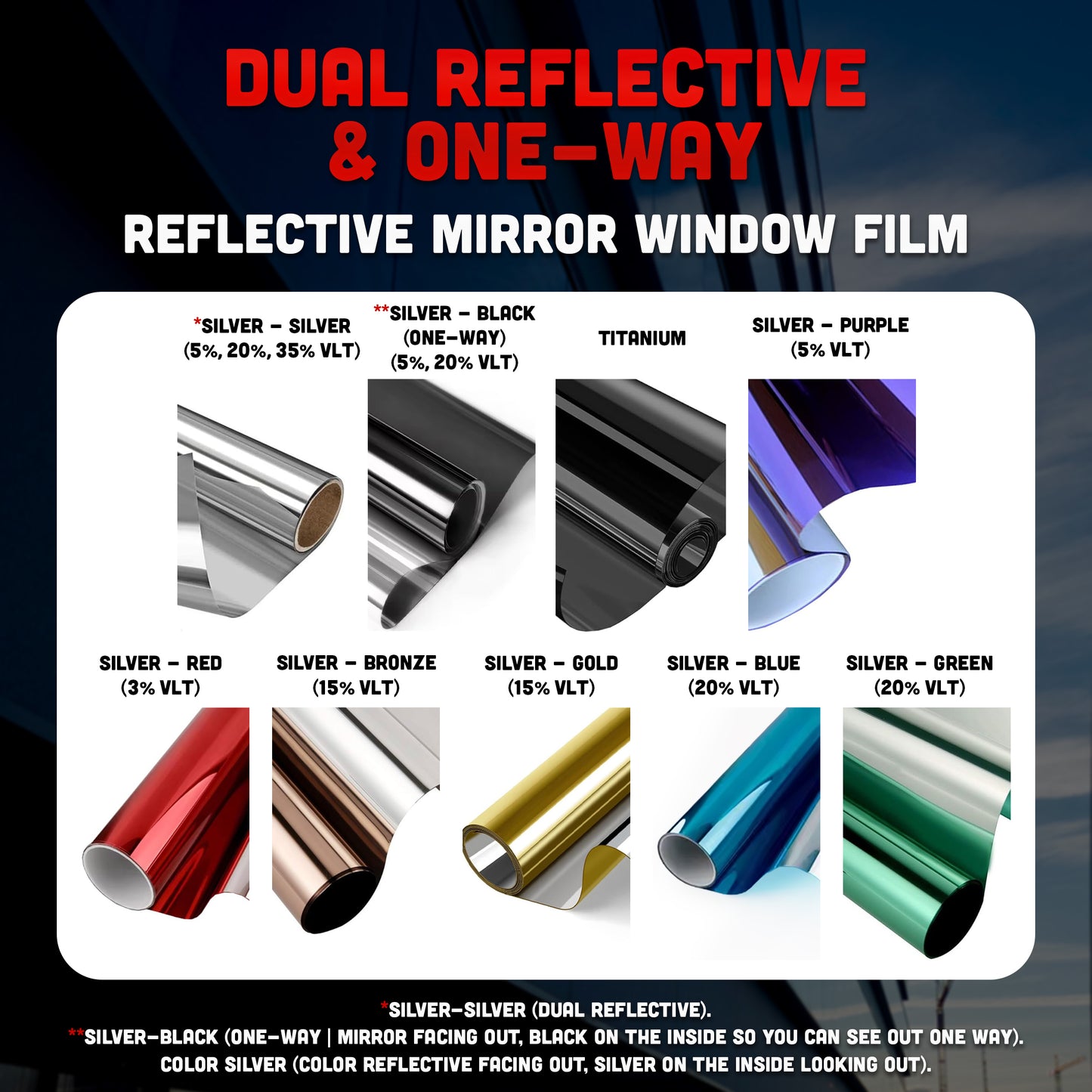 Reflective Mirror Window Film – 2mil – Dual Reflective & One-Way